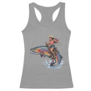 Vintage Cowgirl Riding Rainbow Trout Racerback Tank Top Funny Fishing Western Rodeo TS14 Sport Gray Print Your Wear