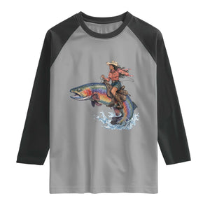 Vintage Cowgirl Riding Rainbow Trout Raglan Shirt Funny Fishing Western Rodeo TS14 Sport Gray Black Print Your Wear