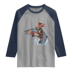 Vintage Cowgirl Riding Rainbow Trout Raglan Shirt Funny Fishing Western Rodeo TS14 Sport Gray Navy Print Your Wear