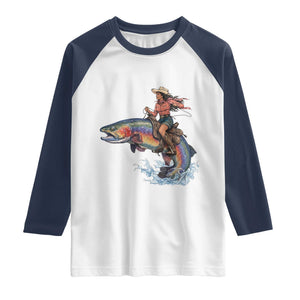 Vintage Cowgirl Riding Rainbow Trout Raglan Shirt Funny Fishing Western Rodeo TS14 White Navy Print Your Wear
