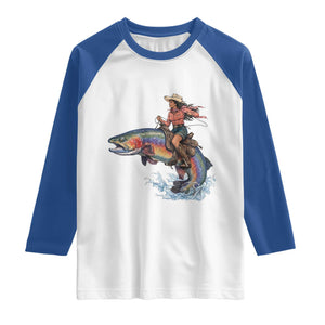 Vintage Cowgirl Riding Rainbow Trout Raglan Shirt Funny Fishing Western Rodeo TS14 White Royal Print Your Wear