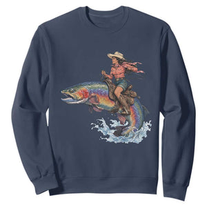 Vintage Cowgirl Riding Rainbow Trout Sweatshirt Funny Fishing Western Rodeo TS14 Navy Print Your Wear