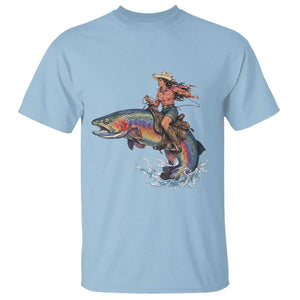 Vintage Cowgirl Riding Rainbow Trout T Shirt Funny Fishing Western Rodeo TS14 Light Blue Print Your Wear