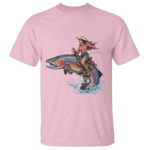 Vintage Cowgirl Riding Rainbow Trout T Shirt Funny Fishing Western Rodeo TS14 Light Pink Print Your Wear