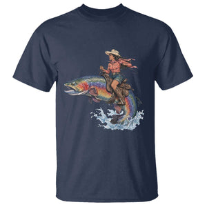 Vintage Cowgirl Riding Rainbow Trout T Shirt Funny Fishing Western Rodeo TS14 Navy Print Your Wear