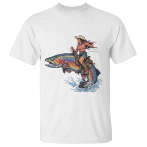 Vintage Cowgirl Riding Rainbow Trout T Shirt Funny Fishing Western Rodeo TS14 White Print Your Wear