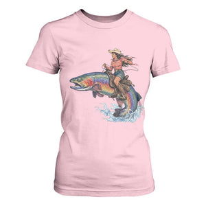 Vintage Cowgirl Riding Rainbow Trout T Shirt For Women Funny Fishing Western Rodeo TS14 Light Pink Print Your Wear