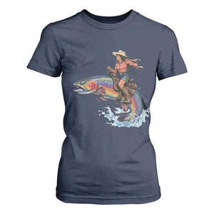 Vintage Cowgirl Riding Rainbow Trout T Shirt For Women Funny Fishing Western Rodeo TS14 Navy Print Your Wear