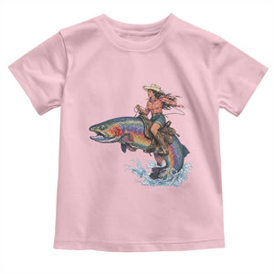 Vintage Cowgirl Riding Rainbow Trout Toddler T Shirt Funny Fishing Western Rodeo TS14 Light Pink Print Your Wear