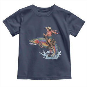 Vintage Cowgirl Riding Rainbow Trout Toddler T Shirt Funny Fishing Western Rodeo TS14 Navy Print Your Wear