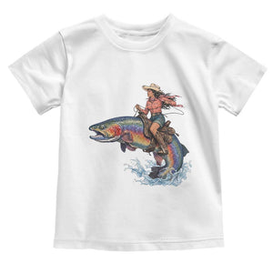 Vintage Cowgirl Riding Rainbow Trout Toddler T Shirt Funny Fishing Western Rodeo TS14 White Print Your Wear