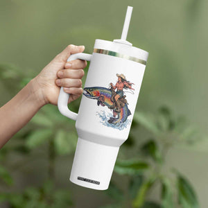 Vintage Cowgirl Riding Rainbow Trout Tumbler With Handle Funny Fishing Western Rodeo TS14 Print Your Wear