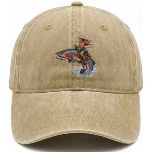 Vintage Cowgirl Riding Rainbow Trout Washed Cotton Baseball Cap Funny Fishing Western Rodeo TS14 Print Your Wear