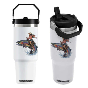 Vintage Cowgirl Riding Rainbow Trout Flip Straw Tumbler Funny Fishing Western Rodeo TS14 One Size: 30 oz White Print Your Wear