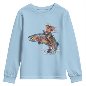 Vintage Cowgirl Riding Rainbow Trout Youth Sweatshirt Funny Fishing Western Rodeo TS14 Light Blue Print Your Wear