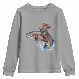 Vintage Cowgirl Riding Rainbow Trout Youth Sweatshirt Funny Fishing Western Rodeo TS14 Sport Gray Print Your Wear