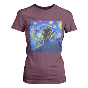 Bigfoot Dirt Bike Sasquatch T Shirt For Women Starry Night Van Gogh Biker TS14 Maroon Print Your Wear