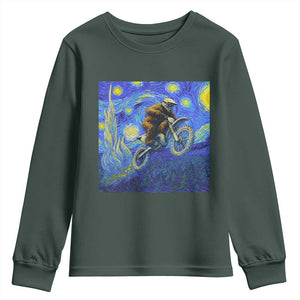 Bigfoot Dirt Bike Sasquatch Youth Sweatshirt Starry Night Van Gogh Biker TS14 Dark Forest Green Print Your Wear