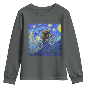 Bigfoot Dirt Bike Sasquatch Youth Sweatshirt Starry Night Van Gogh Biker TS14 Dark Heather Print Your Wear