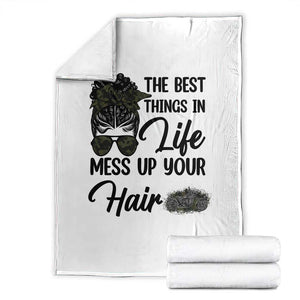 Funny Biker Woman Throw Blanket The Best Things In Life Mess Up Your Hair TS14 White Print Your Wear