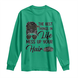 Funny Biker Woman Long Sleeve Shirt The Best Things In Life Mess Up Your Hair TS14 Irish Green Print Your Wear