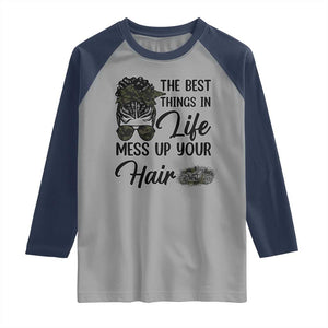 Funny Biker Woman Raglan Shirt The Best Things In Life Mess Up Your Hair TS14 Sport Gray Navy Print Your Wear
