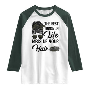 Funny Biker Woman Raglan Shirt The Best Things In Life Mess Up Your Hair TS14 White Dark Forest Green Print Your Wear