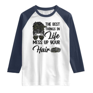 Funny Biker Woman Raglan Shirt The Best Things In Life Mess Up Your Hair TS14 White Navy Print Your Wear
