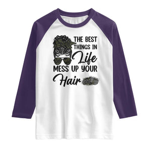 Funny Biker Woman Raglan Shirt The Best Things In Life Mess Up Your Hair TS14 White Purple Print Your Wear