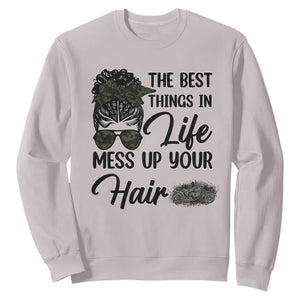 Funny Biker Woman Sweatshirt The Best Things In Life Mess Up Your Hair TS14 Ice Gray Print Your Wear