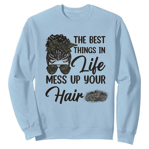 Funny Biker Woman Sweatshirt The Best Things In Life Mess Up Your Hair TS14 Light Blue Print Your Wear