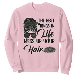 Funny Biker Woman Sweatshirt The Best Things In Life Mess Up Your Hair TS14 Light Pink Print Your Wear