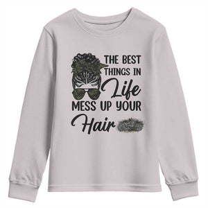 Funny Biker Woman Youth Sweatshirt The Best Things In Life Mess Up Your Hair TS14 Ice Gray Print Your Wear