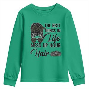 Funny Biker Woman Youth Sweatshirt The Best Things In Life Mess Up Your Hair TS14 Irish Green Print Your Wear