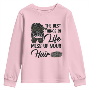 Funny Biker Woman Youth Sweatshirt The Best Things In Life Mess Up Your Hair TS14 Light Pink Print Your Wear