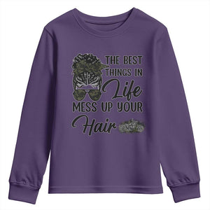 Funny Biker Woman Youth Sweatshirt The Best Things In Life Mess Up Your Hair TS14 Purple Print Your Wear