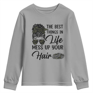 Funny Biker Woman Youth Sweatshirt The Best Things In Life Mess Up Your Hair TS14 Sport Gray Print Your Wear
