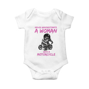 Funny Biker Woman Baby Onesie Never Underestimate A Women On A Motorcycle TS14 White Print Your Wear
