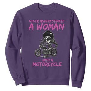 Funny Biker Woman Sweatshirt Never Underestimate A Women On A Motorcycle TS14 Purple Print Your Wear