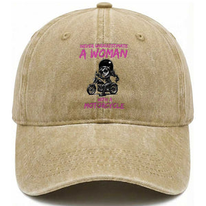 Funny Biker Woman Washed Cotton Baseball Cap Never Underestimate A Women On A Motorcycle TS14 Washed Cap Universal Fit Khaki Print Your Wear