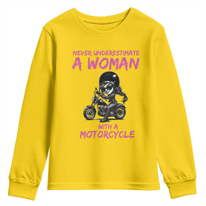 Funny Biker Woman Youth Sweatshirt Never Underestimate A Women On A Motorcycle TS14 Daisy Print Your Wear