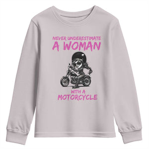 Funny Biker Woman Youth Sweatshirt Never Underestimate A Women On A Motorcycle TS14 Ice Gray Print Your Wear