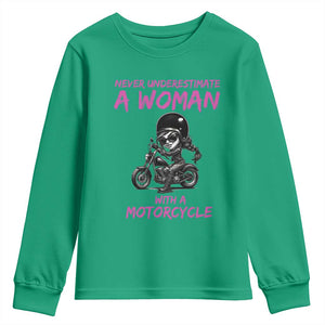 Funny Biker Woman Youth Sweatshirt Never Underestimate A Women On A Motorcycle TS14 Irish Green Print Your Wear