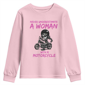Funny Biker Woman Youth Sweatshirt Never Underestimate A Women On A Motorcycle TS14 Light Pink Print Your Wear