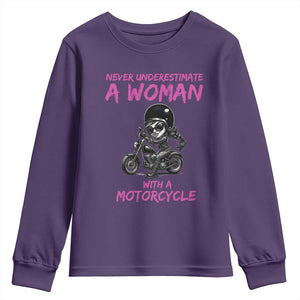 Funny Biker Woman Youth Sweatshirt Never Underestimate A Women On A Motorcycle TS14 Purple Print Your Wear