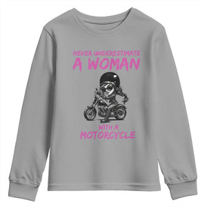 Funny Biker Woman Youth Sweatshirt Never Underestimate A Women On A Motorcycle TS14 Sport Gray Print Your Wear