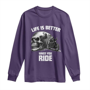Funny Biker Skeleton Motorcycle Rider Long Sleeve Shirt Life Is Better When You Ride TS14 Purple Print Your Wear