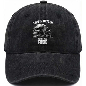 Funny Biker Skeleton Motorcycle Rider Washed Cotton Baseball Cap Life Is Better When You Ride TS14 Washed Cap Universal Fit Black Print Your Wear