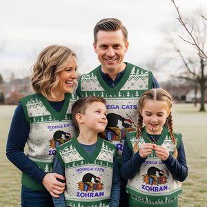 Bodega Cats of New York V-Neck Knit Sweater Vest Funny Cat NYC Xmas TS14 Beige Green Print Your Wear