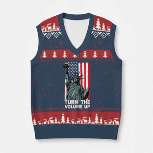 Turn The Volume Up V-Neck Knit Sweater Vest Statue of Liberty Patriotic American Flag TS14 Navy Red Print Your Wear